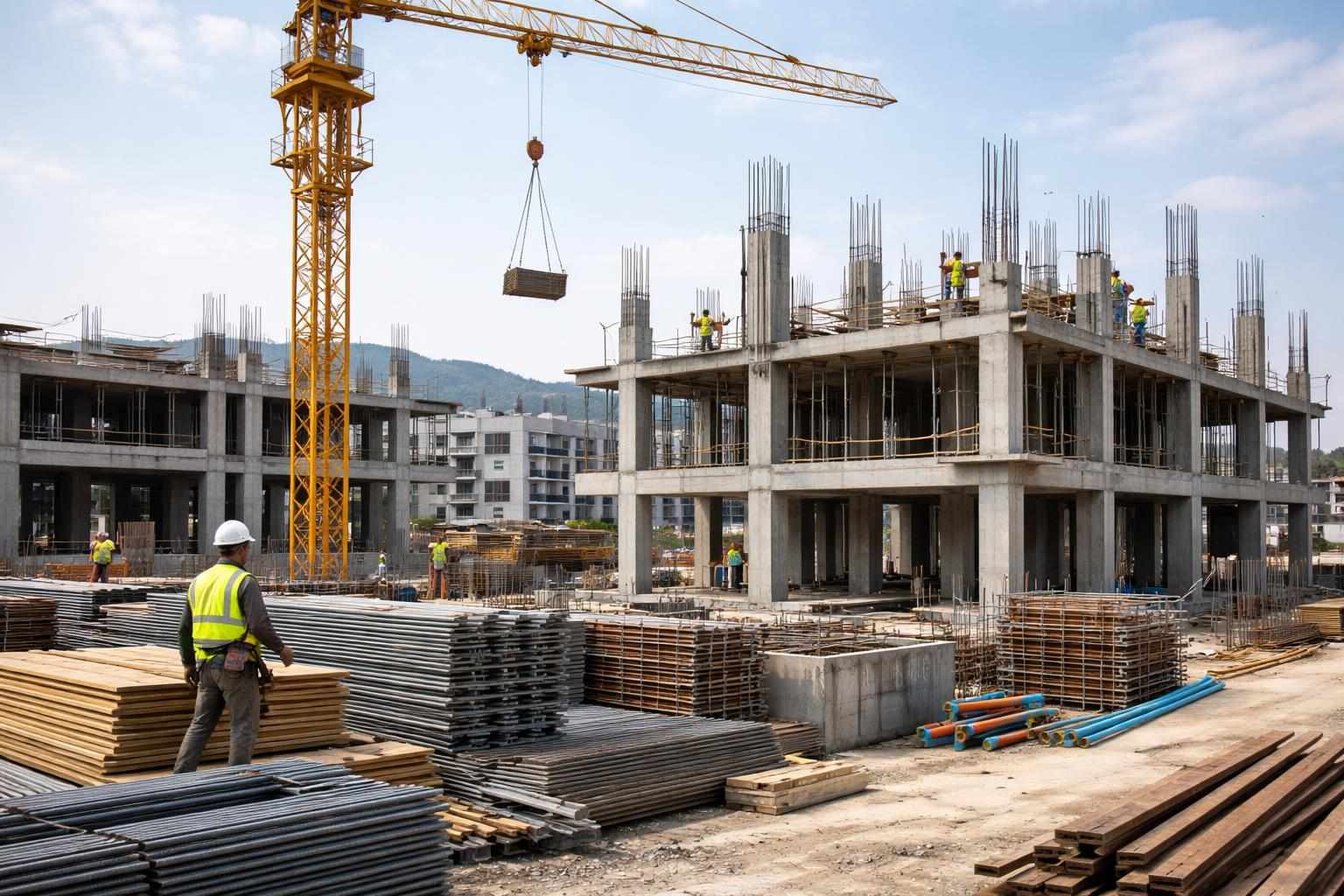 桃園房屋新建施工現場的示意圖，展示建築工程進行中